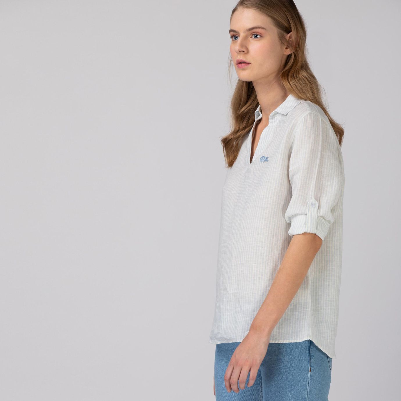 Рубашка Lacoste , цвет серый, для женщин Рубашка Lacoste , цвет серый, для женщин