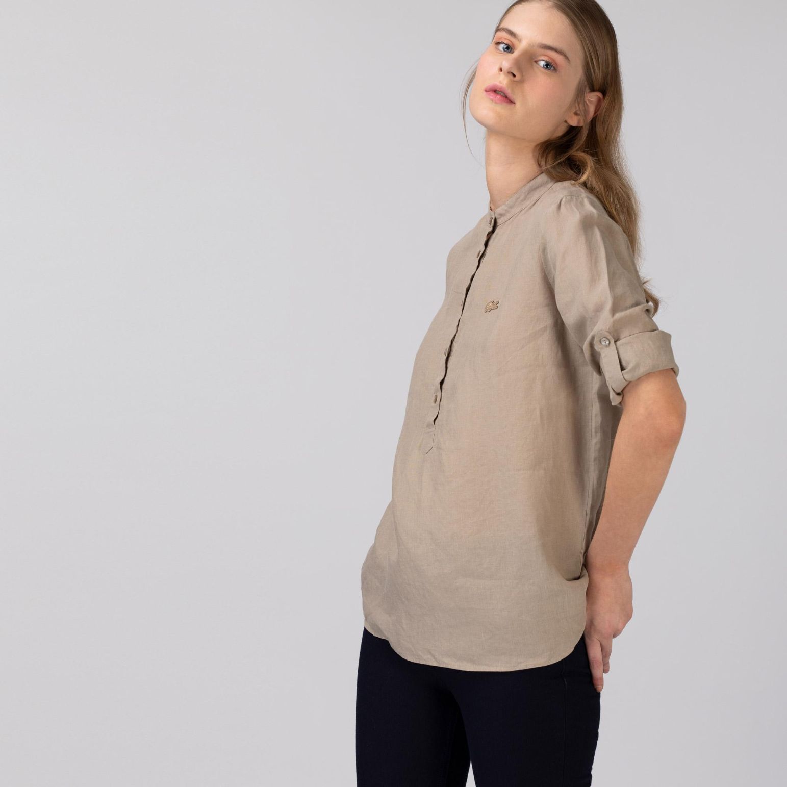 Рубашка Lacoste , цвет бежевый, для женщин Рубашка Lacoste , цвет бежевый, для женщин
