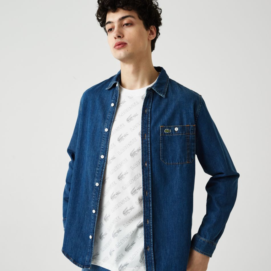 Рубашка Lacoste , цвет синий, для мужчин Рубашка Lacoste , цвет синий, для мужчин